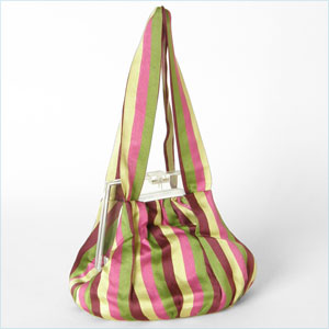 Colorful, striped satin evening bag with clear lucite frame 