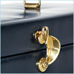 midnight blue leather box bag with brass window latch