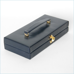 midnight blue leather box bag with brass window latch